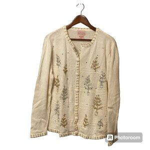 Basic Editions Holiday Cream White Women's L Cardigan Decretive Trees Christmas